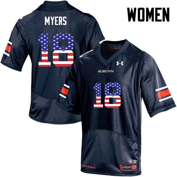 Women's Auburn Tigers #18 Jayvaughn Myers USA Flag Fashion Navy College Stitched Football Jersey
